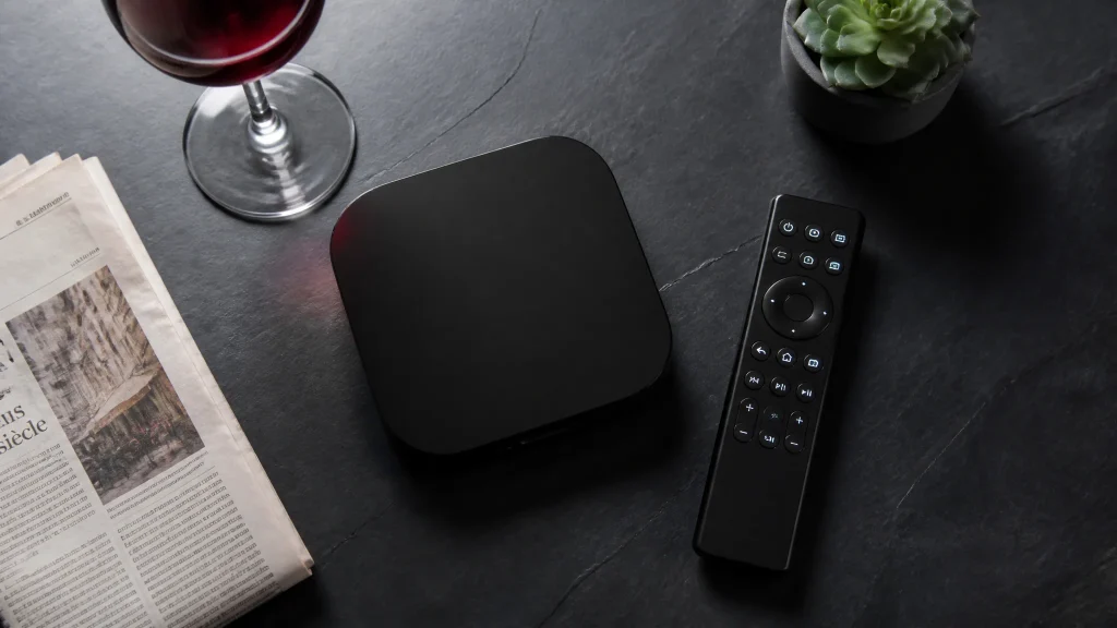 Abonnement IPTV premium France configuré sur boîtier Android TV avec télécommande dans ambiance soirée française
