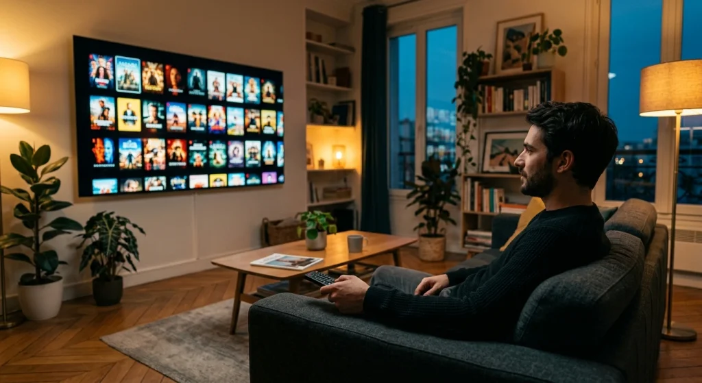 Abonnement IPTV pas cher sur Smart TV 4K dans un salon moderne français avec interface de streaming