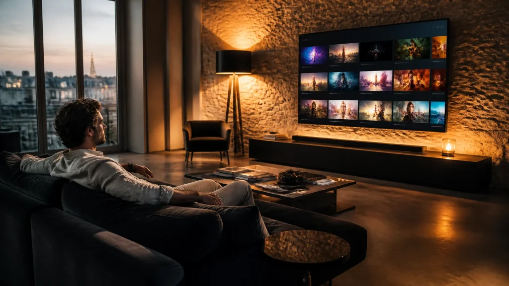 Abonnement IPTV premium actif sur grand écran OLED dans salon parisien haut de gamme avec interface streaming