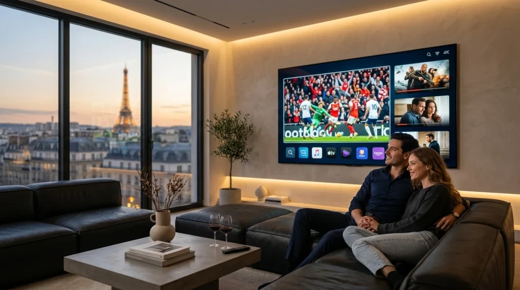 IPTV abonnement premium affichant du streaming 4K sur une iptv abonnement smart tv dans un salon élégant.