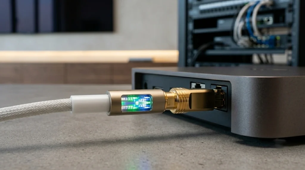 Connexion fibre optique rapide alimentant un boîtier IPTV abonnement pour un streaming stable en iptv abonnement smarters.