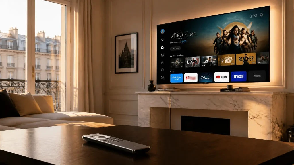 Un Abonnement IPTV Smarters Pro diffusé en 4K sur un grand téléviseur OLED élégant dans un salon parisien moderne.