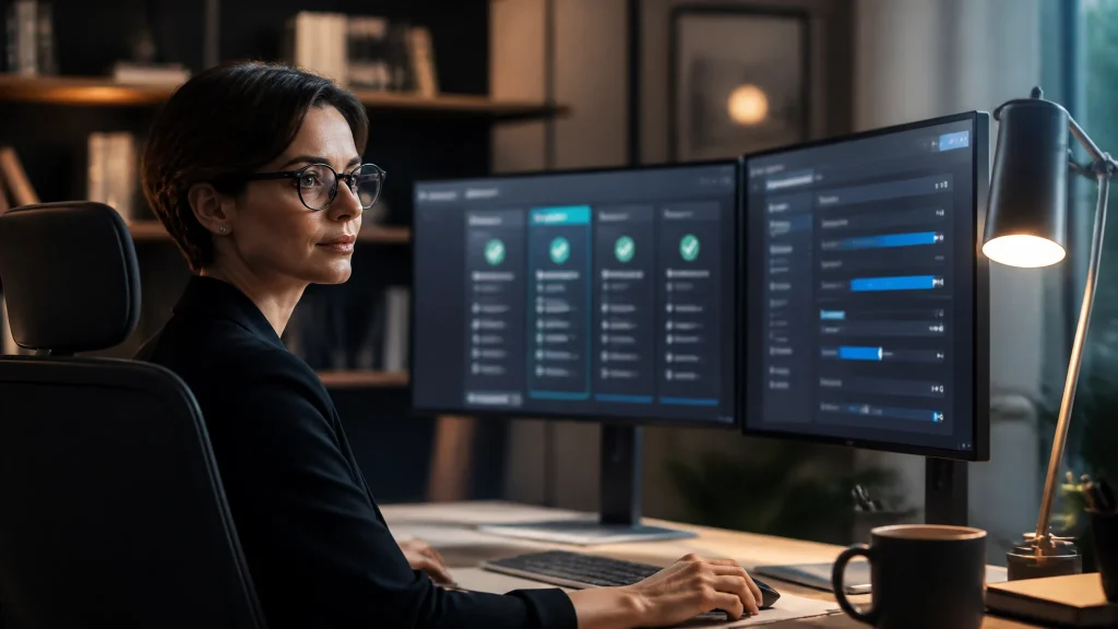 Meilleur abonnement IPTV premium comparé sur écran ordinateur par une professionnelle française à son bureau
