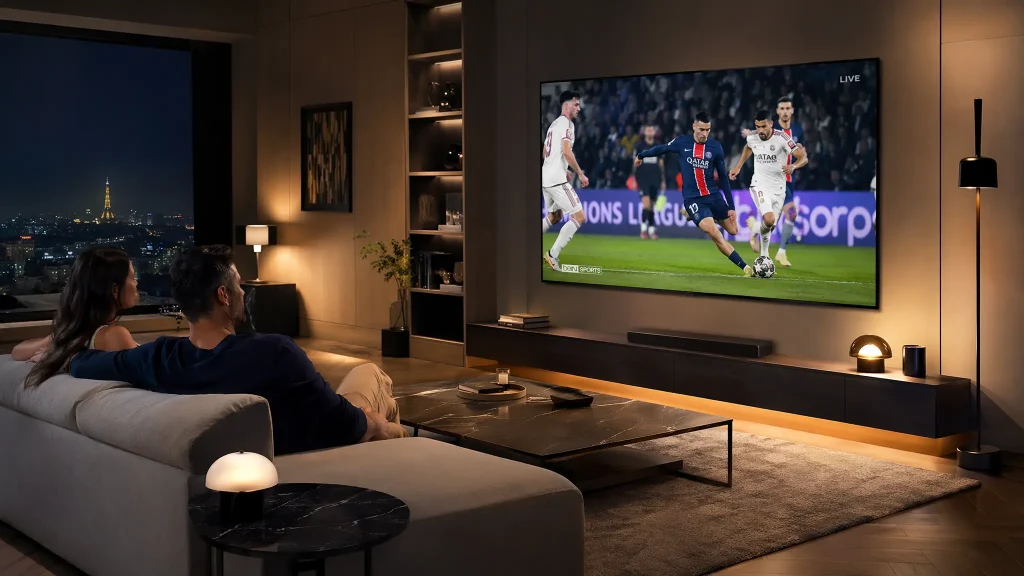 Abonnement France IPTV sur Smart TV 4K dans un salon moderne en 2026