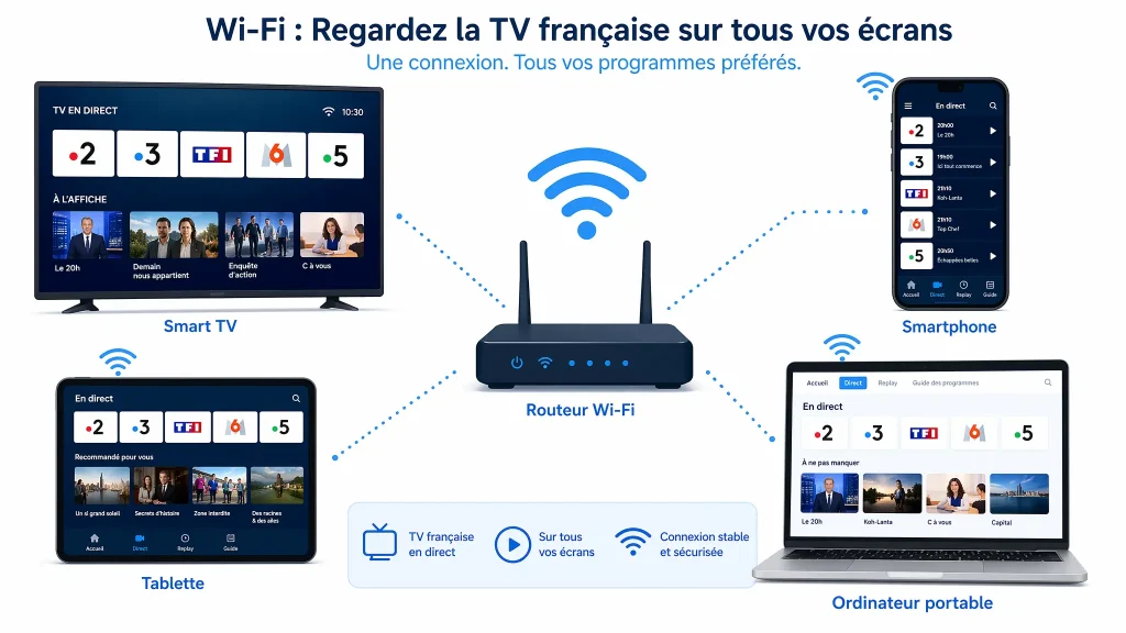 Schéma fonctionnement France IPTV multi-écrans via connexion internet