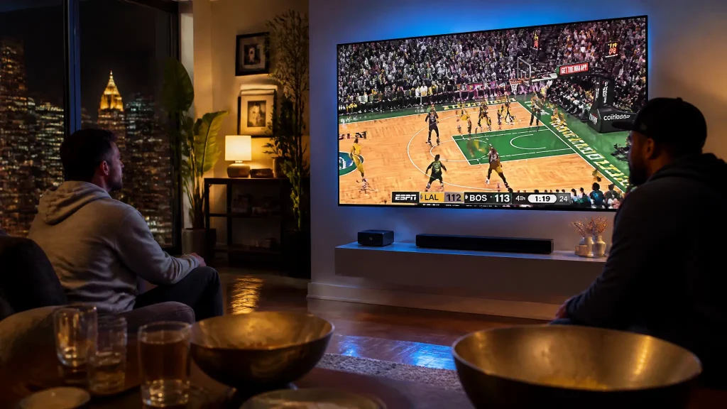 Profitez d'un grand match avec l'application iptv smarters pro sur une installation TV immersive la nuit.
