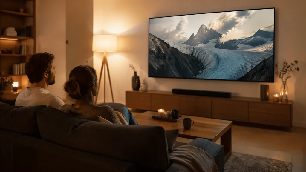 Abonnement IPTV 12 mois actif sur grand écran 4K OLED dans un salon moderne, couple profitant du streaming stable sans coupure